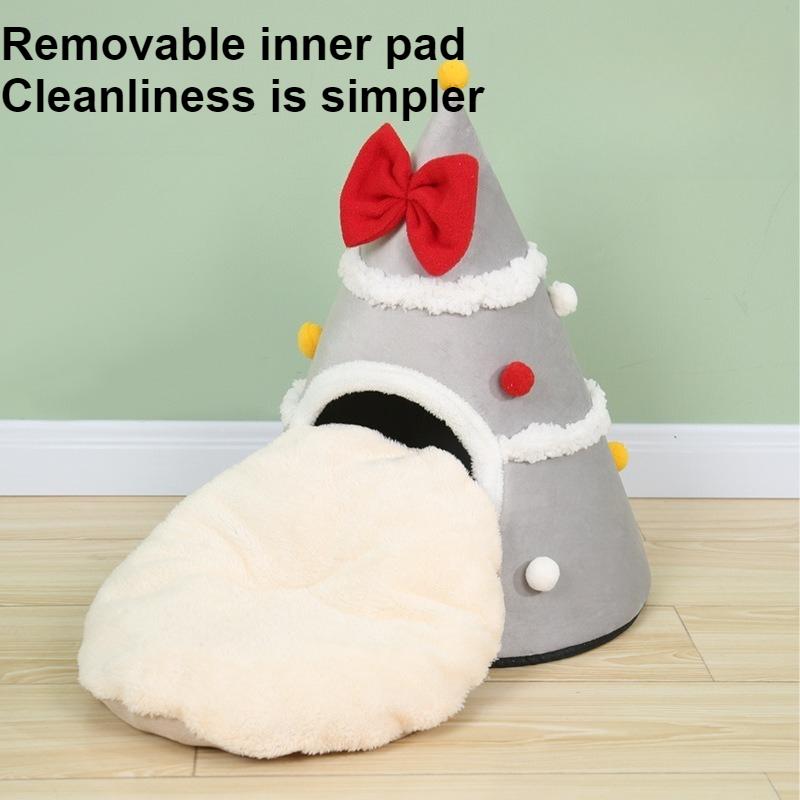 Christmas Tree Cat Bed-Plush Warm Indoor Cat House Tent with Removable Pillow, Decorative Pet Furniture,Dog Bed for Small Dog