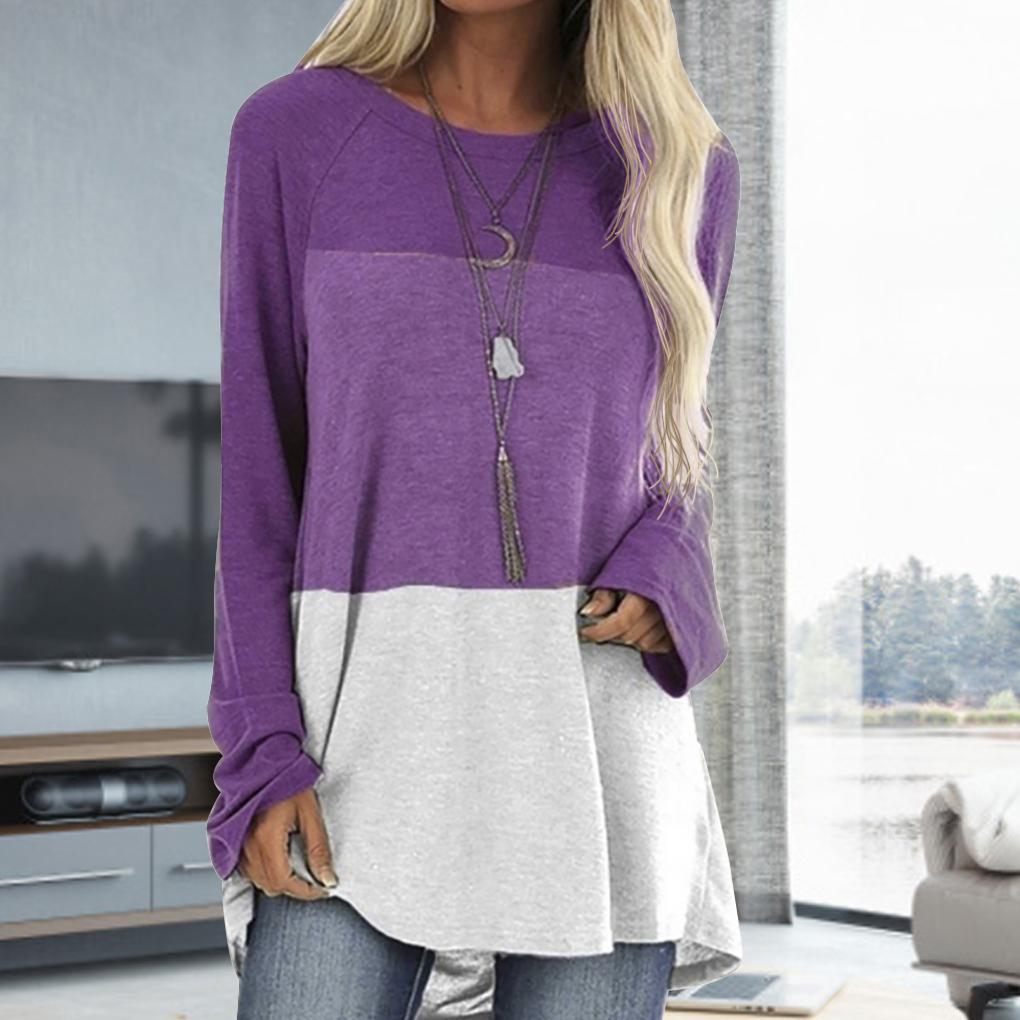 Damen T-Shirt Langarm Rundhals Kontrastfarbe Baumwoll-Top