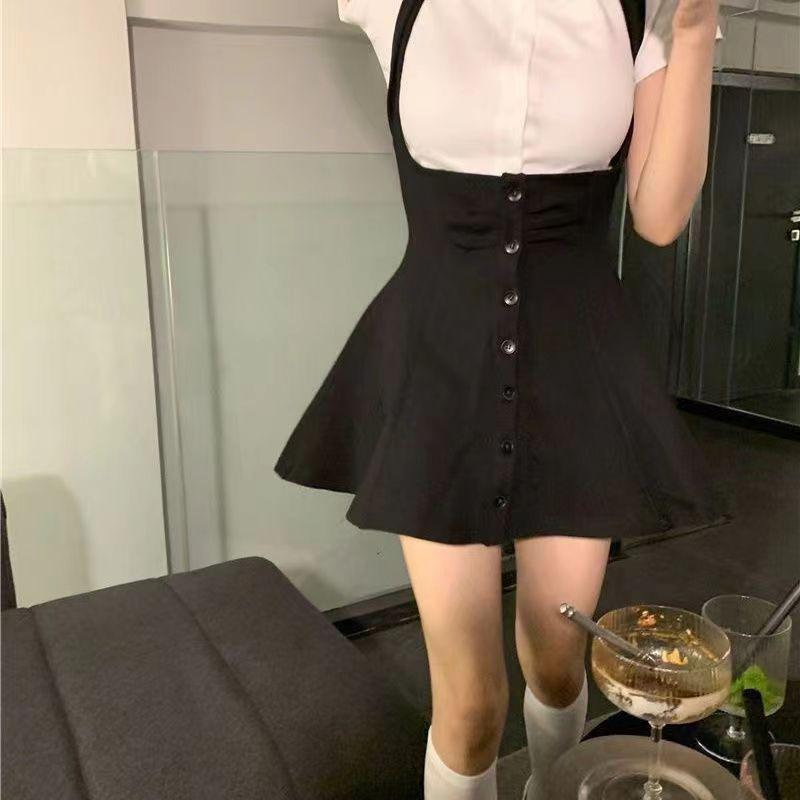 Black Slimming A-Line Mini Dress with High Waist Overalls for Women - Spring/Summer Collection