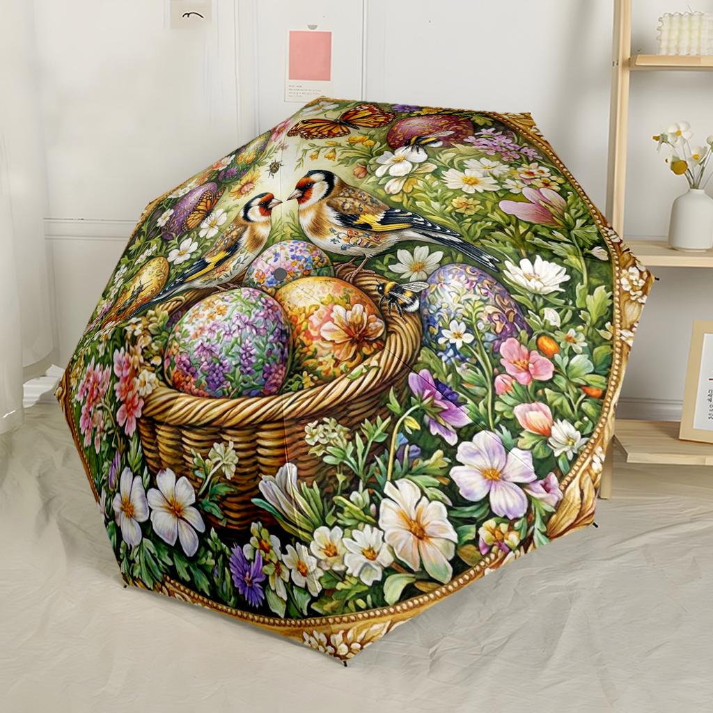Parakeets Amidst Floral Splendor. Automatic Umbrella Compact & Durable 8-Rib Design Foldable Design for Women/Men Fashionable
