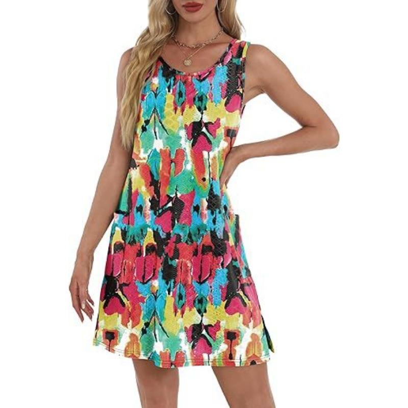 Women's Print Casual Sleeveless Vest Pocket Dress