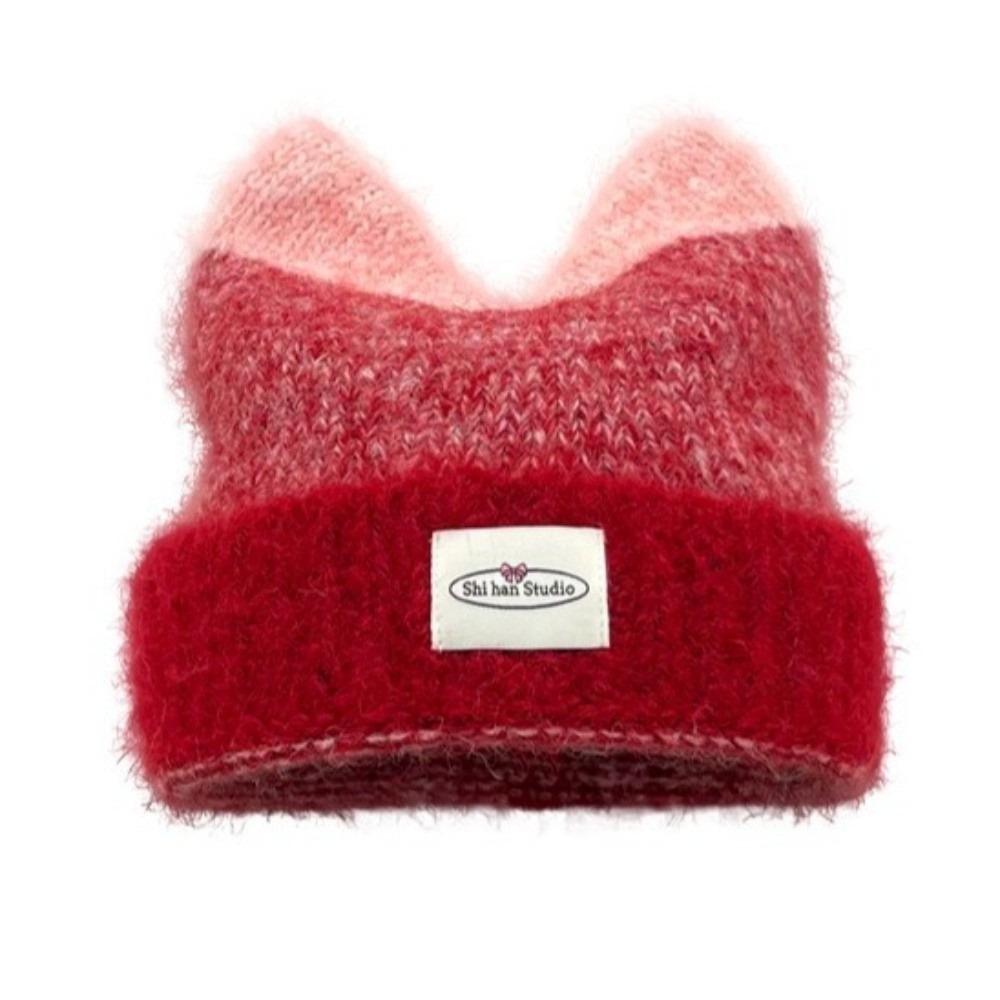 New Gradual Change Color Knitted Hat Yarn Warm Winter Hat Cat Ears Shape Cute Beanie Hat Women