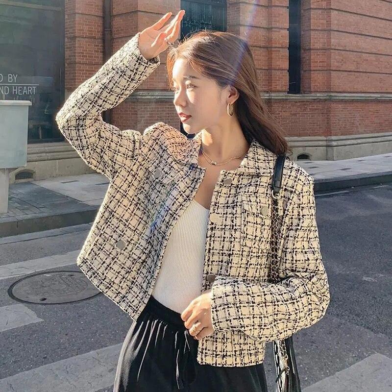 Korean Plaid Tweed Jacket Ladies Blend 