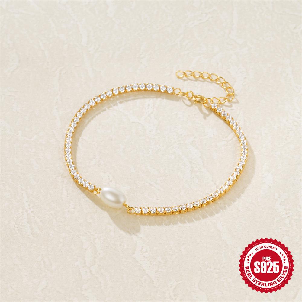 Pearl Bracelet With Flash Diamond 925 Sterling Silver High-End Tennis Chain Chain Light Luxury Personalized Fashion Jewelry