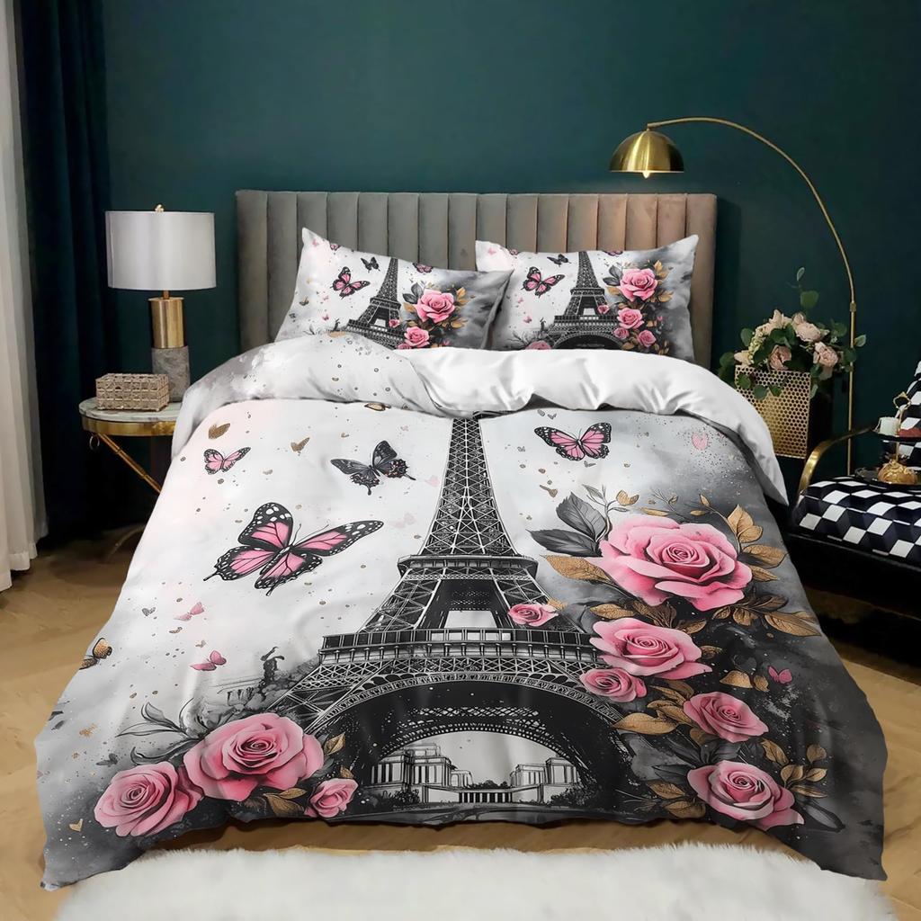 Comforter Romantic Eiffel Tower Microfiber Floral Bedding Set Paris Cityscape Twin Comforter For Girls Teen Adult Room