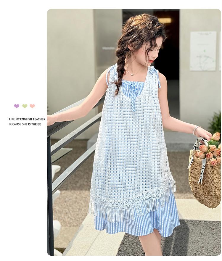 Women's clothing 2026 summer new layered hollow dress, mid size children's vacation style striped two-piece set, stylish