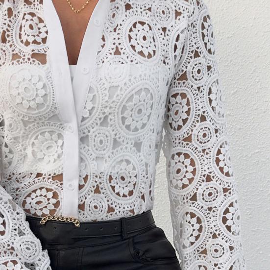 Spring Lace Blouses for Women Elegant Office White Shirt Long Sleeve Button Turn-down Collar Sexy Hollow Tops  Women's Clothing