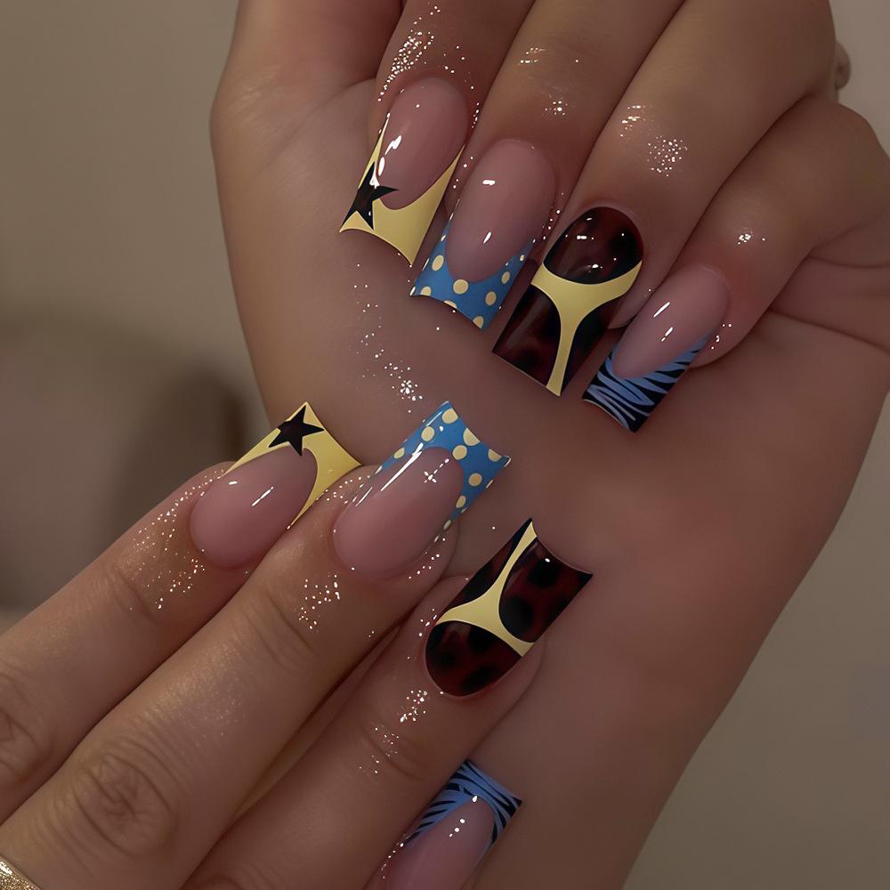 24PCS Blue Stripes French Press on False Nails with Glue Ins Style Simple Flowers Y2k Zebra Print Square Fake Nails for Women