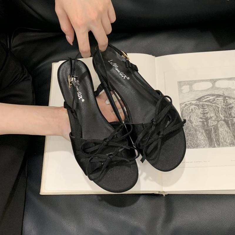 2025 Summer New Satin Bow Open-toed Flat-soled Soft-soled Sandals Round Head Outer Wear Flat-heeled Cool Slippers