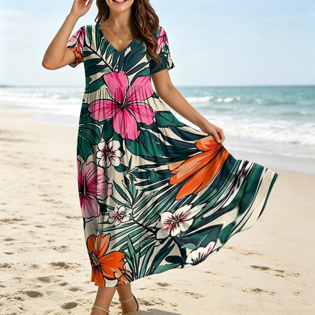 Frauen Casual Lose Bohemian Blumenkleid Kurzarm Lange Maxi Sommer Strand Swing Kleid