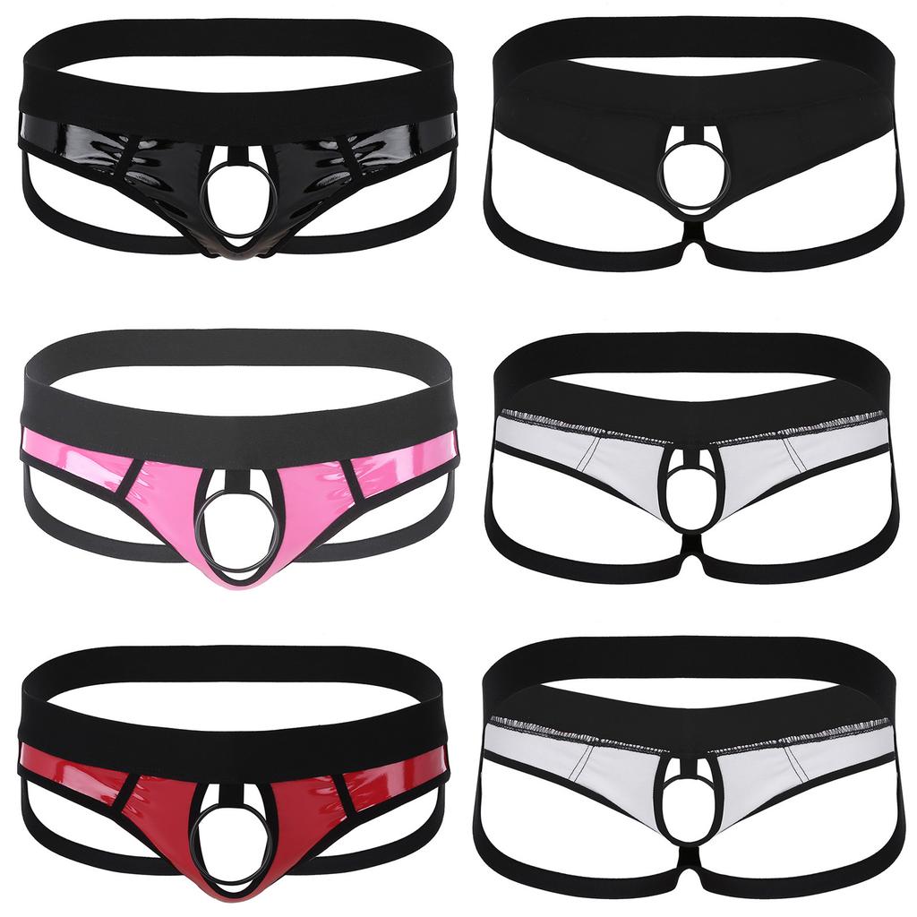 Mens Faux Leather Open Back Hollow Out Jockstrap Low Rise Bikini O-Ring Underwear