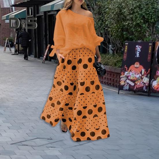 2 Pcs/Set Women T-shirt Pants Set Slant Neck One Shoulder Long Sleeve Bow Cuff Top Loose High Waist Wide Leg Printed Long Trousers Casual Dating