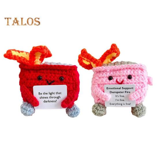 2Pcs Positive Crochet Flame Dumpster with Encouraging Card Emotional Support Handmade Knitting Trash Can Doll Decoration Ornament