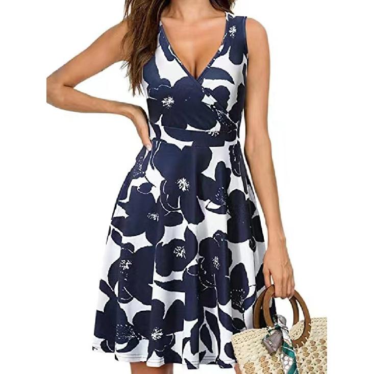 Women Elegant V-Neck Fashion Printed Pocket Sleeveless Dresses Summer Ladies Casual Short Dress Female Party Vestidos