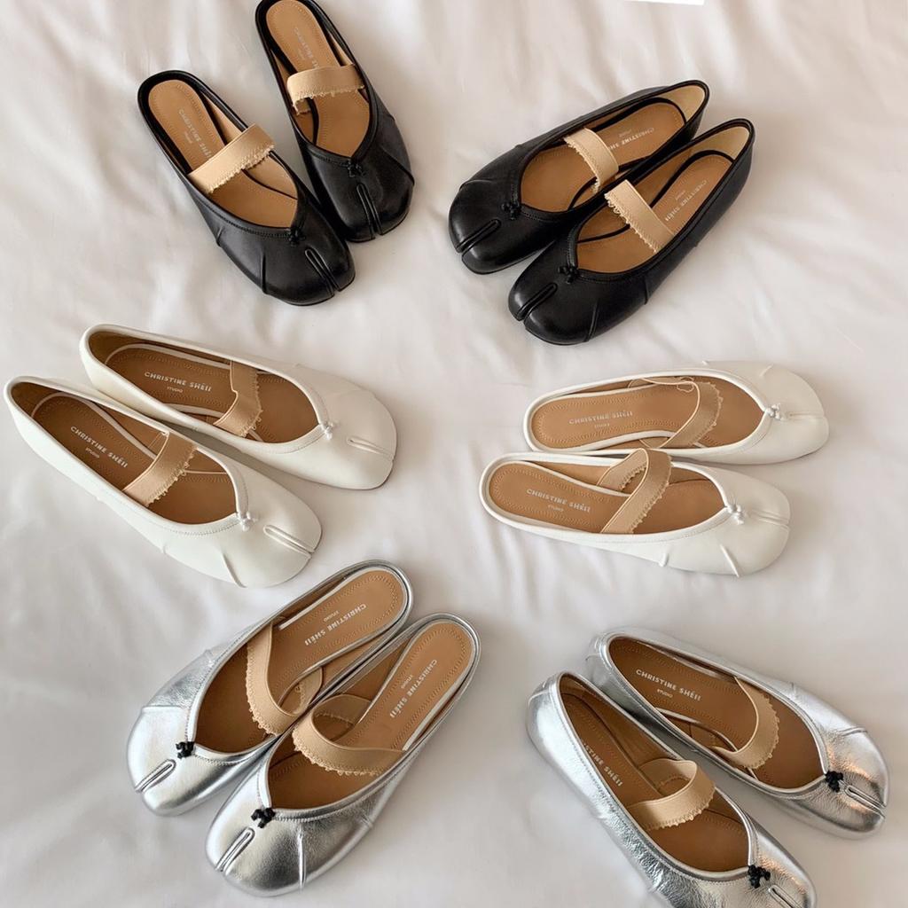 Spot second hair! Fashion versatile new lambskin split-toe flat bottom Mary Jane pig's trotters single shoes women's half slippers summer