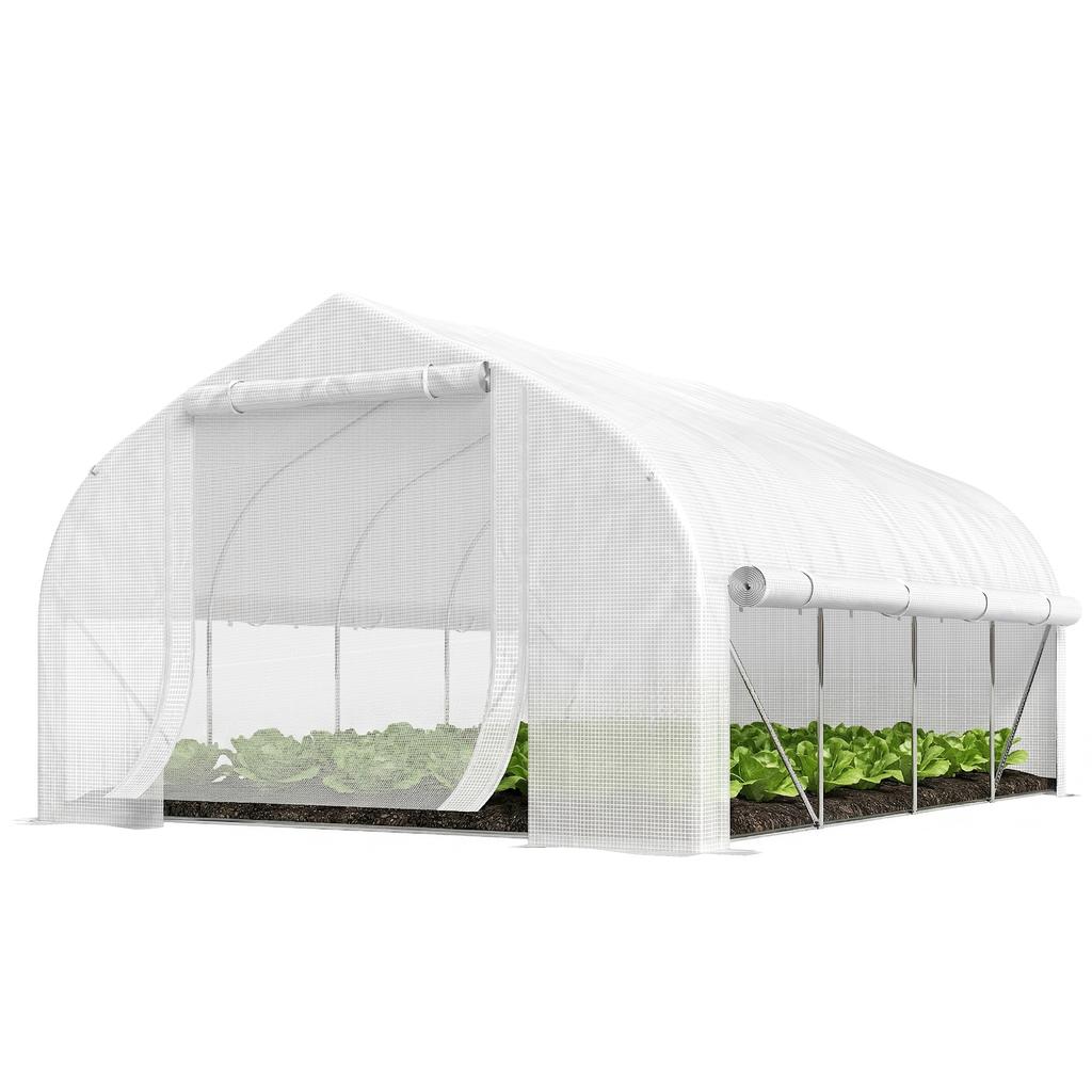4X3m Tunnel Greenhouse with PE Cover. Door and 8 Roller Windows. White
