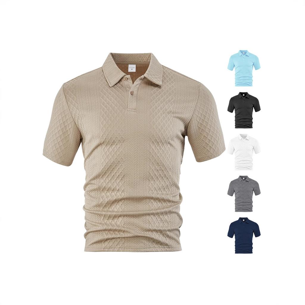 European and American Men's Clothing Summer Thin Loose Breathable Casual Solid Color Jacquard Lapel Short-sleeved Men's Polo Shirt
