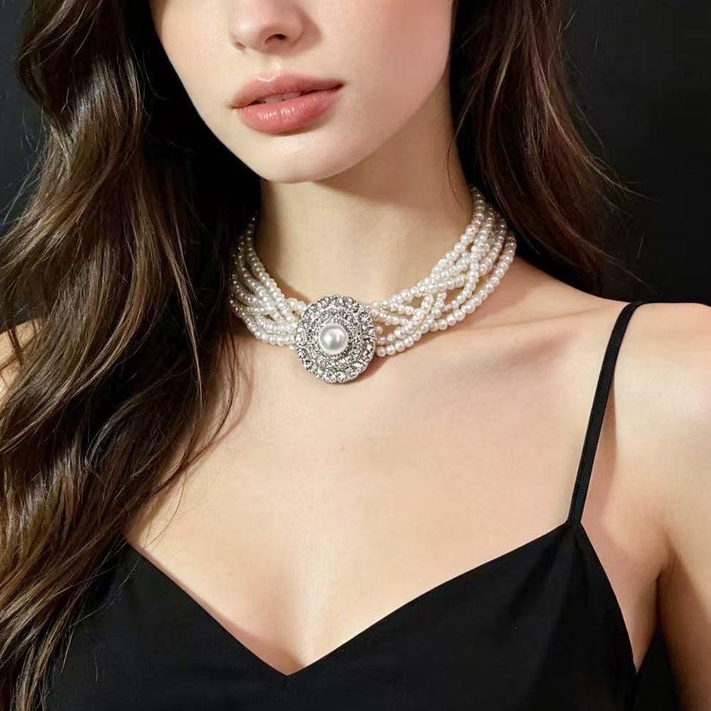 French diamond-encrusted woven glass pearl necklace DIY bee versatile collarbone chain fashion temperament small fragrant style jewelry