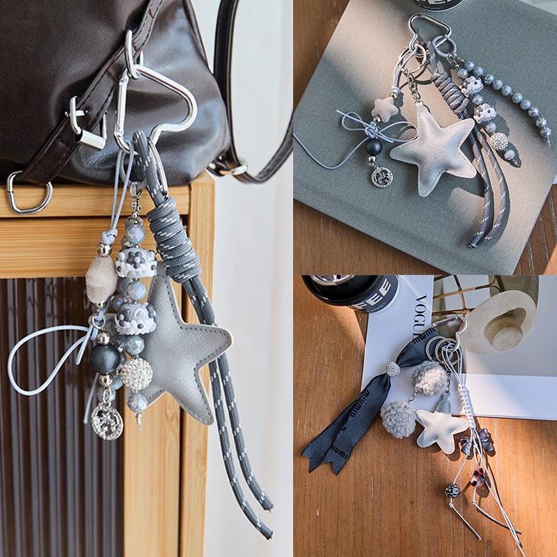 Y2K Star Heart Leather Bag Pendant Keychain Ins Style Girly Keyring Car Key Holder Backpack Hanging Decoration Key Accessories