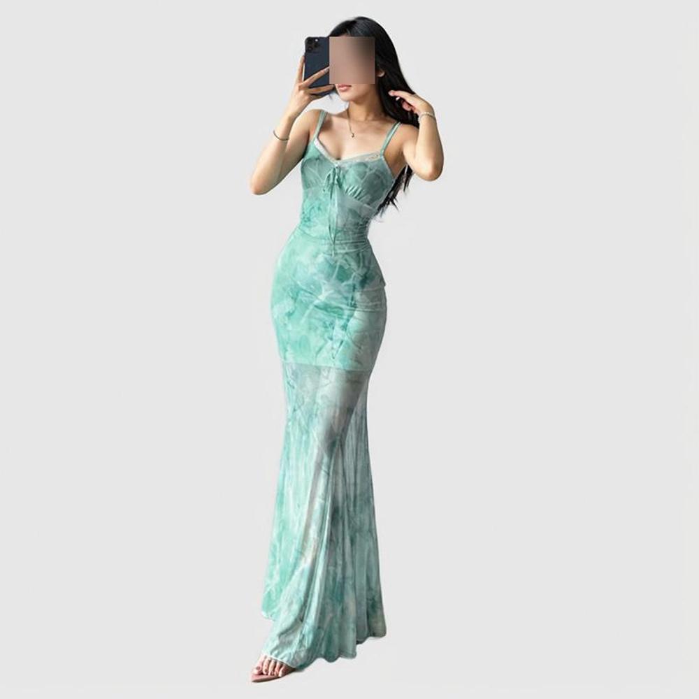 Retro Vacation Wind Beach Photo Mesh Suspender Dress Spring and Summer Waist Hip Wrap Fishtail Long Skirt