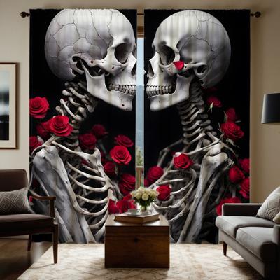 Hd Skull Rose Couple Curtain Black Tie Digital Printed Home Decor Style Decorate Living Room Bedroom Wear Rod Cu Curtains Set Of 2 Made Polyester