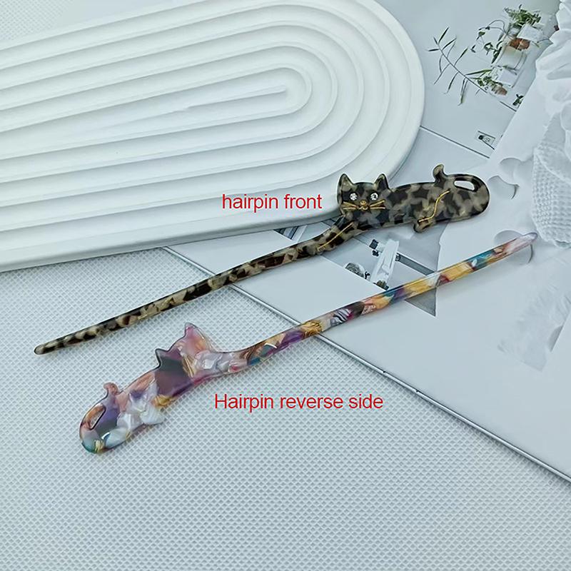 Cute Cartoon Cat Zircon Acetate Hairpin Hair Sticks For Women Girls Creative Colored Hair Clasp Headwear Hair Accessory