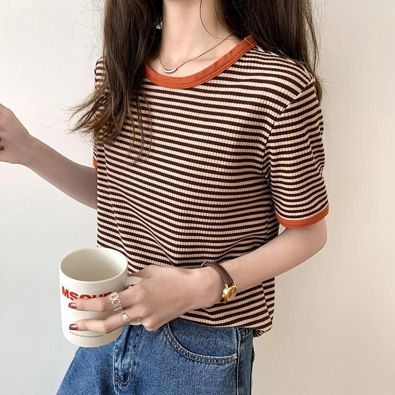 Striped Short Sleeve T-shirt Women s Summer Korean Version Loose Retro Contrast Slim Round Neck Top Women s Casual T-shirt XS кофейный