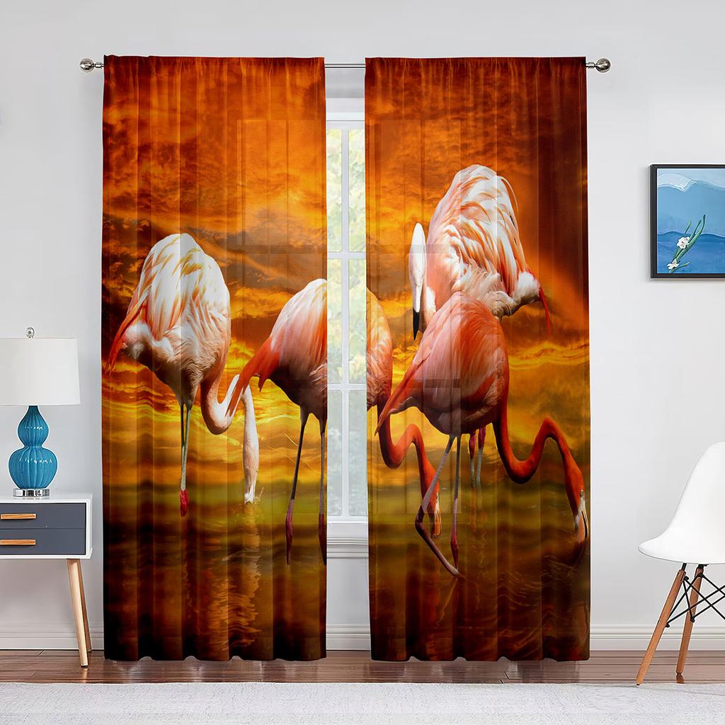 Rote Flamingos Kirschblüten Mond Tüll Vorhänge für Wohnzimmer Schlafzimmer Dekor Chiffon Transparent Voile Vorhang Küchenfenster Vorhänge