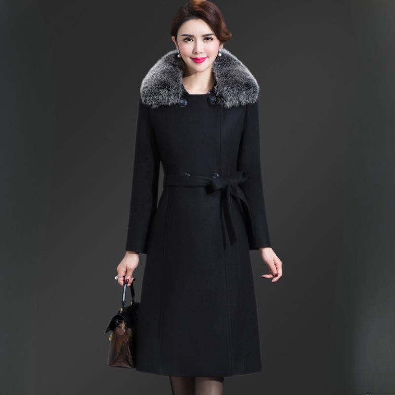 Damen Wollmantel Mittellang Slim-fit Überknie Zweireihig Wollkragen Wollmantel Einseitig Plüsch