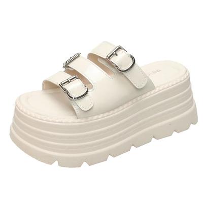 Fashion 8.5cm Microfiber Synthetic Leather Flats Summer Outside Peep Toe Fashion Women Sandal Slippers Pumps High Platform Wedge Shoes