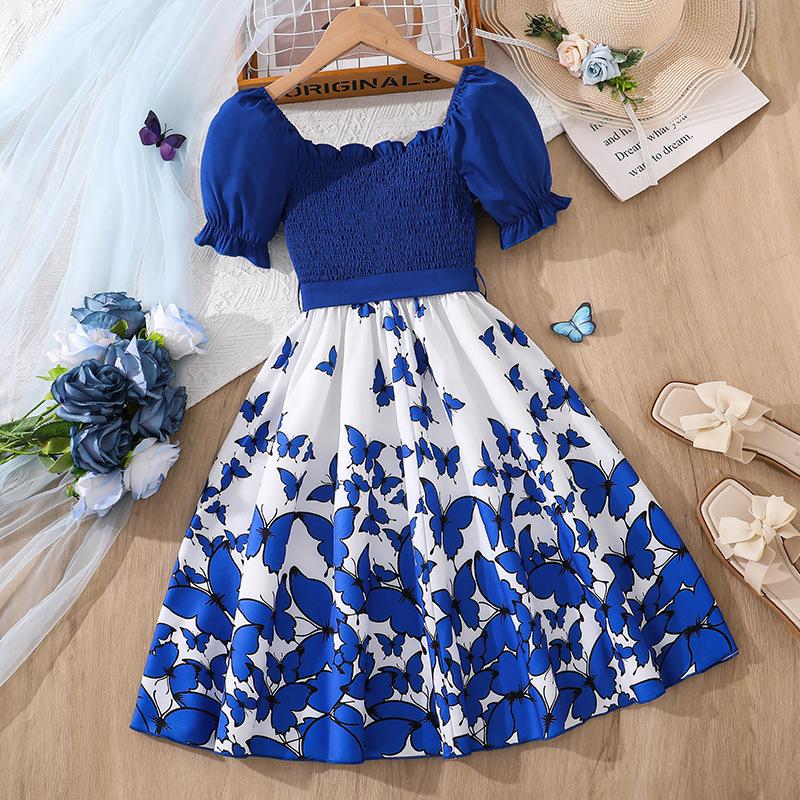 Girls' Dress - Spring/Summer Children's Fashionable Square-neck Butterfly-print Fitted Princess-style Dress
