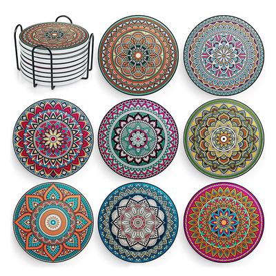 6 Pcs Boho Ceramic Coasters Set with Holder Mandala Round Absorbent Drink Coasters for Coffee Glasses Mugs Home Decoration Gift