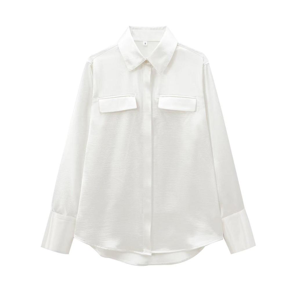 Satin Texture Long Sleeve Shirt with Pocket Decoration - 2024 European & American Fashion for Women