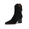 Suede Low Heel Ankle Boots Chunky Western Cowboy Boots for Ladies Wrinkles Pointed Retro Knights Short Boot Nubuck Chelsea Boots