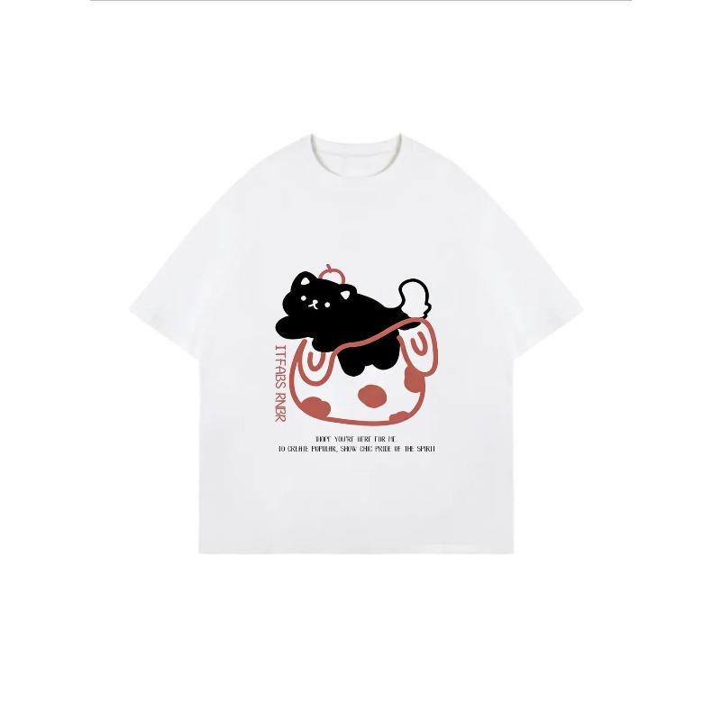 Cute Cat In Cup T Shirt White Black Cat With Red Cup And Text Design For Casual Wear And Daily Outfits
