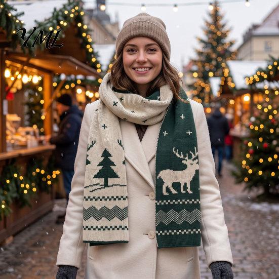Thick Polyester Scarf for Autumn Winter Knitted Women, Reversible Fair Isle Snowflake Reindeer Outdoor Neck Wrap Scarf, Soft Warm Long Christmas