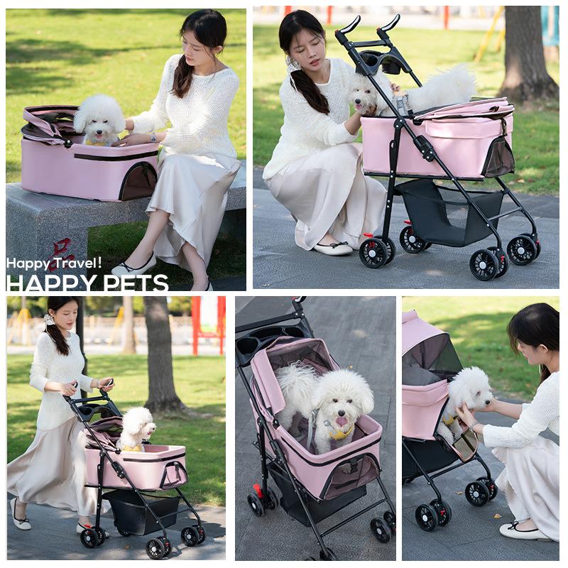 Metal Pet Stroller Lightweight Foldable Detachable Carrier Outdoor Travel Cart for Dogs Cats Removable Basket Pet Walking