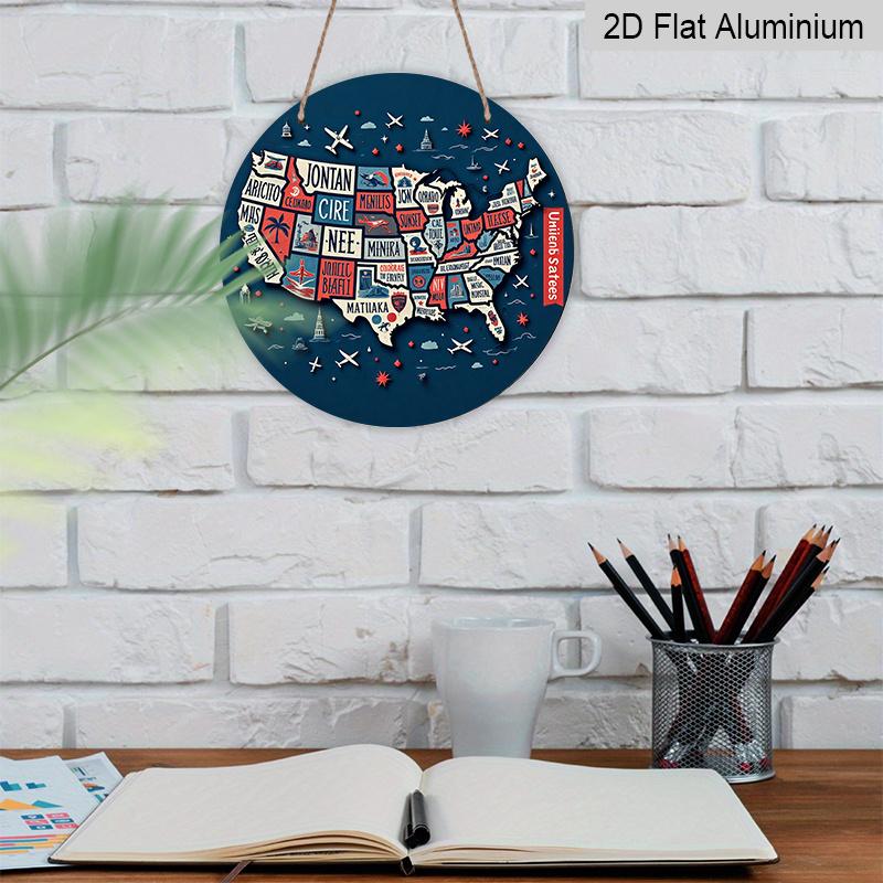 2D Flat, 1pc Round Aluminum Hanging Sign, USA State Map Metal Wall Art, Retro Travel Map Design, Perfect for Patriotic Decor, Man Cave, Garage