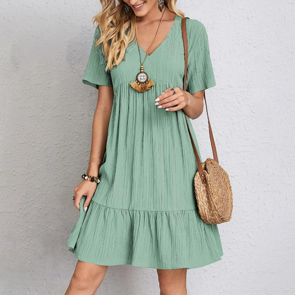 Women Sexy Elegant V-Neck Ruffles Mini Dress Summer Vintage Solid Loose Sundress Bohemian Casual Solid Beach Party Vestidos