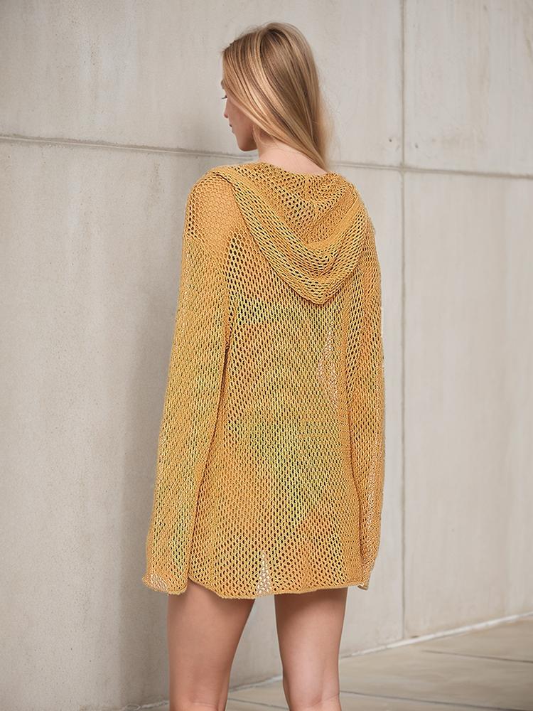 EDOLYNSA Sexy Women's Knitted Casual V-neck Hooded Long Sleeve Beach Mini Dress Hollow Out Beachwear Tunic 2024 Summer Vacation Swimsuit Cover Up K4
