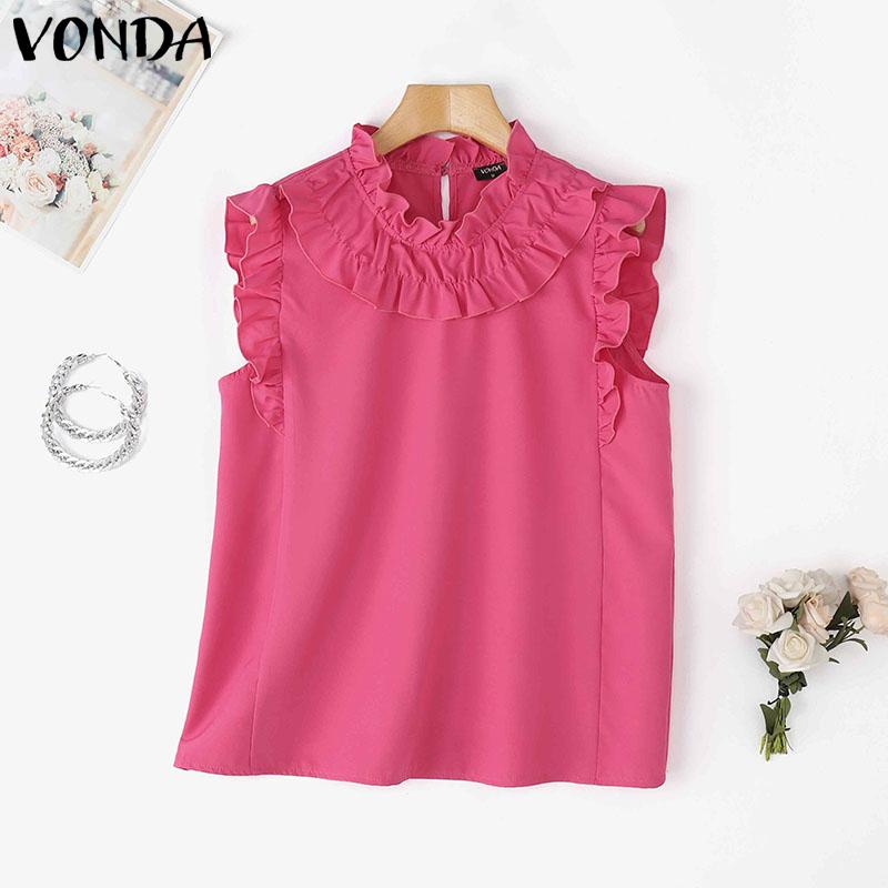 VONDA Verano Mujer Cuello con Volantes Sin Mangas Color Sólido Casual Camisetas de Tirantes