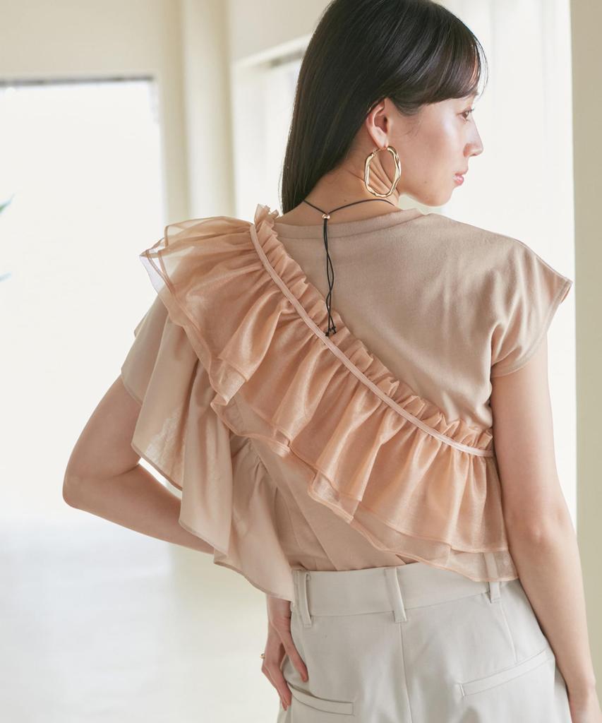 Beige Frilled Docking Pullover with Sash [BIS] Women's T-Shirt (Set) (27)