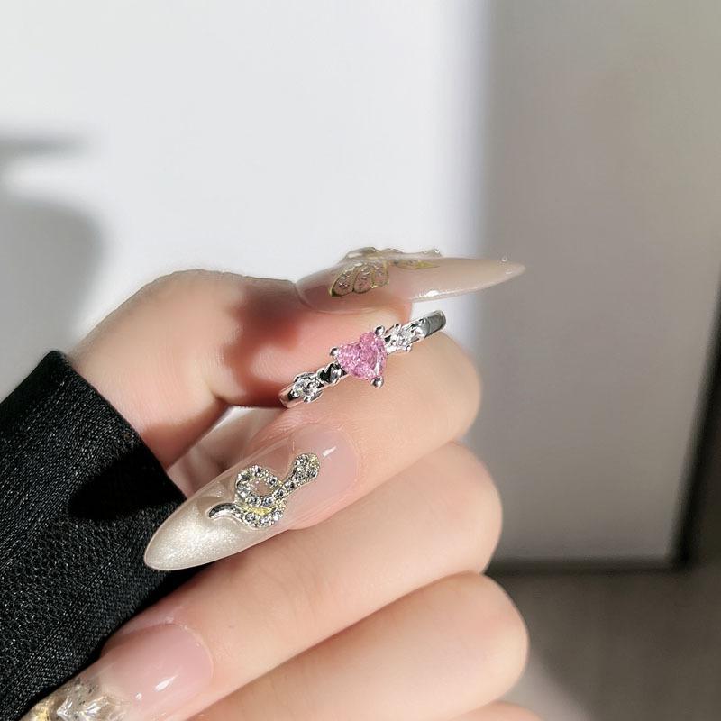 Sweet pink diamond love cross white temperament open ring women's peach heart thorn simple light luxury high sense ring