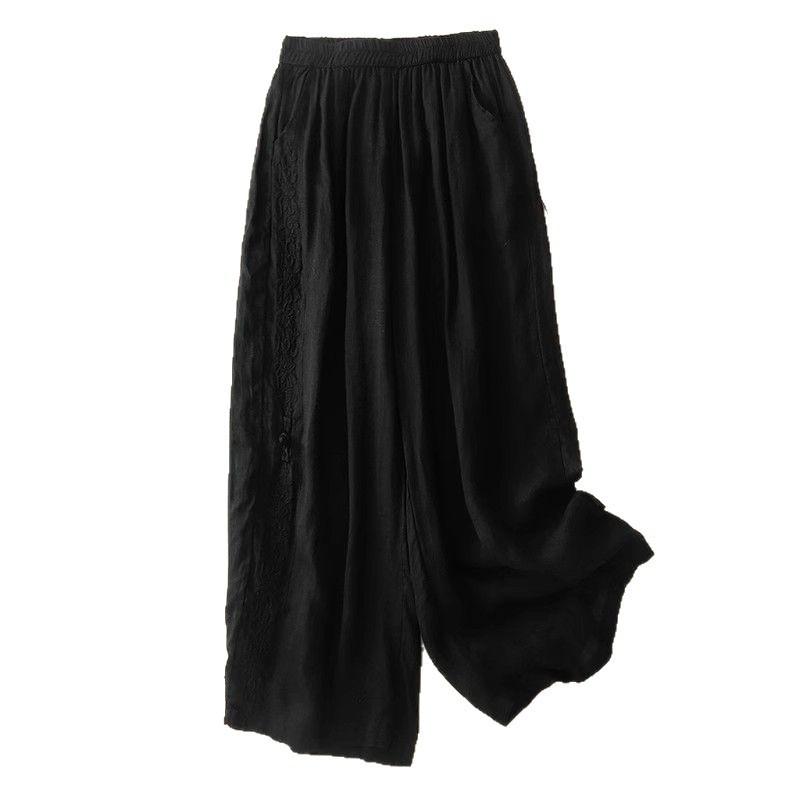 

Vintage Embroidered Women s Wide-Leg Pants for Mothers, Summer Thin Elastic Waist Loose Casual Fashion Nine-Point Pants M Suggestions85-100Jin чёрный