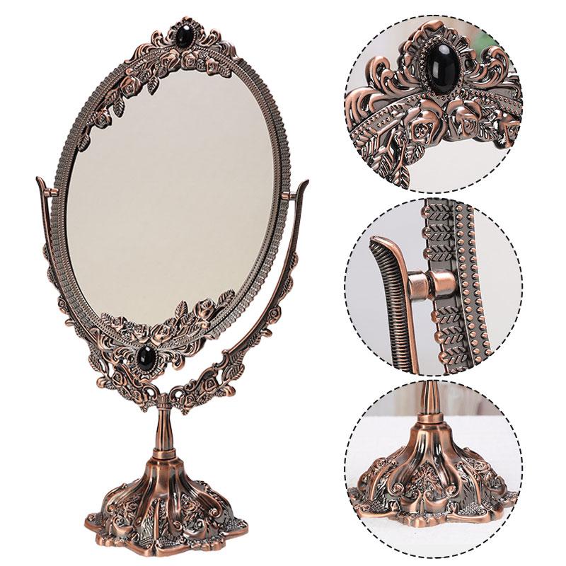 Double-sided Vintage Makeup Mirror Rotatable European Desktop Mirror Oval Makeup Mirror Bedroom Living-Room Dresser Decoration