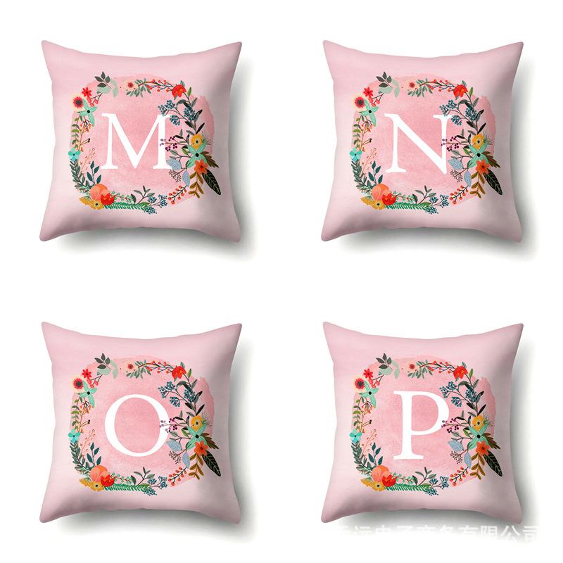 Polyester Pillowcase Pink Flower Home Decoration Print 26 English Letter Cushion Pillowcase