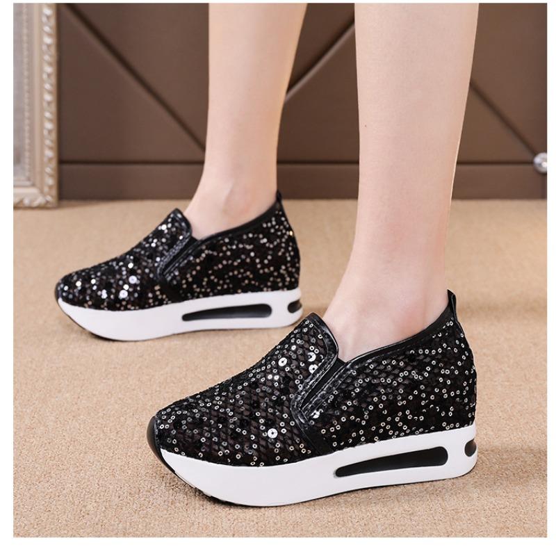Inner height-increasing white shoes, lace sequins, mesh one-pedal single shoes for women, summer new breathable sneakers for women