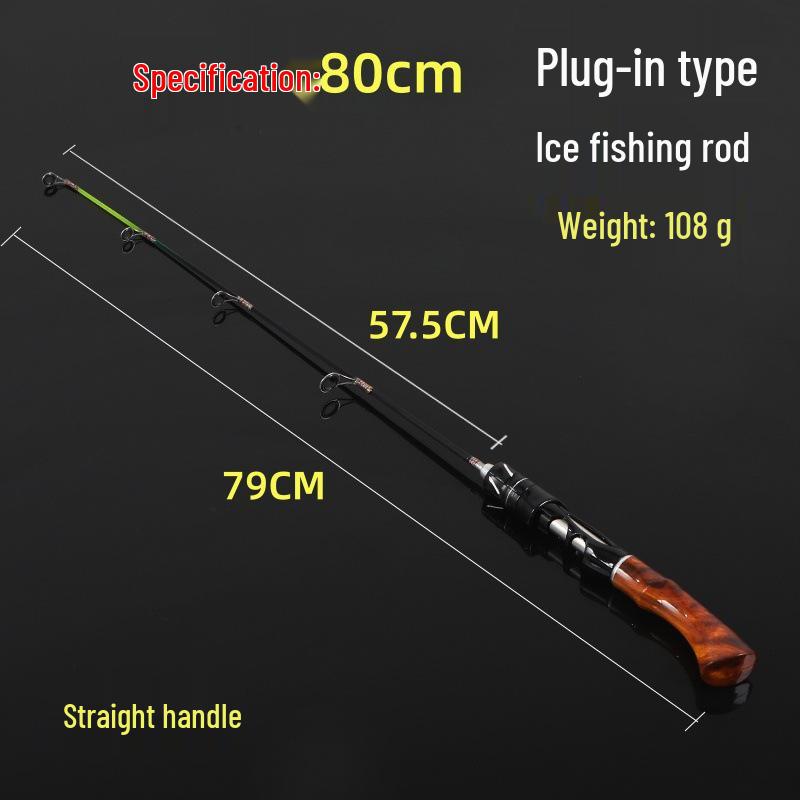 Wood Grain Portable Ice Fishing Rod with Curved Handle and Soft/Hard Tips