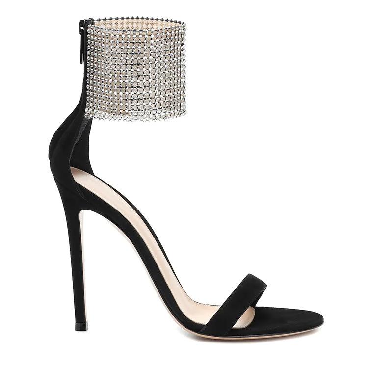 2025 New Amazon Stiletto Plus Size Women's Sandals Foreign Trade Word with Rhinestone High Heels