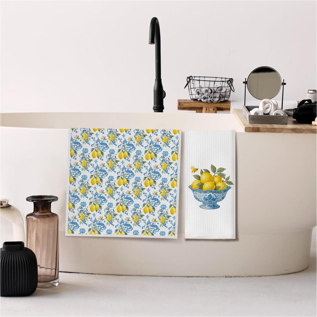Italian Mediterranean Lemons Kitchen Towels, Capri Amalfi Coast Lemon Party Decorative Dish Tea Hand Towels for Kitchen Bathroom Decor,16x24 Inch Set